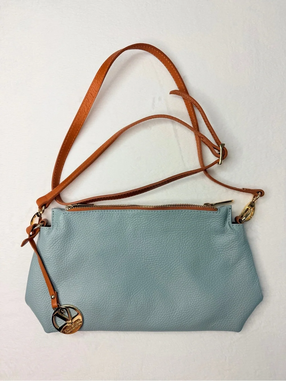 VALENTINA Made In Italy Pebbled Leather Multi Entry Crossbody Blue MSRP $199.99